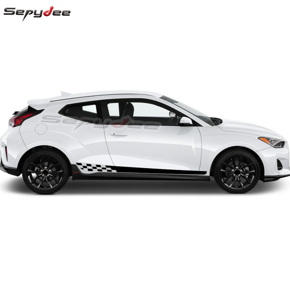 2Pcs Car Door Side Skirt Stickers Racing Sport Lattice Graphic Long Stripes Vinyl Decals forHyundai Veloster Car Accessories