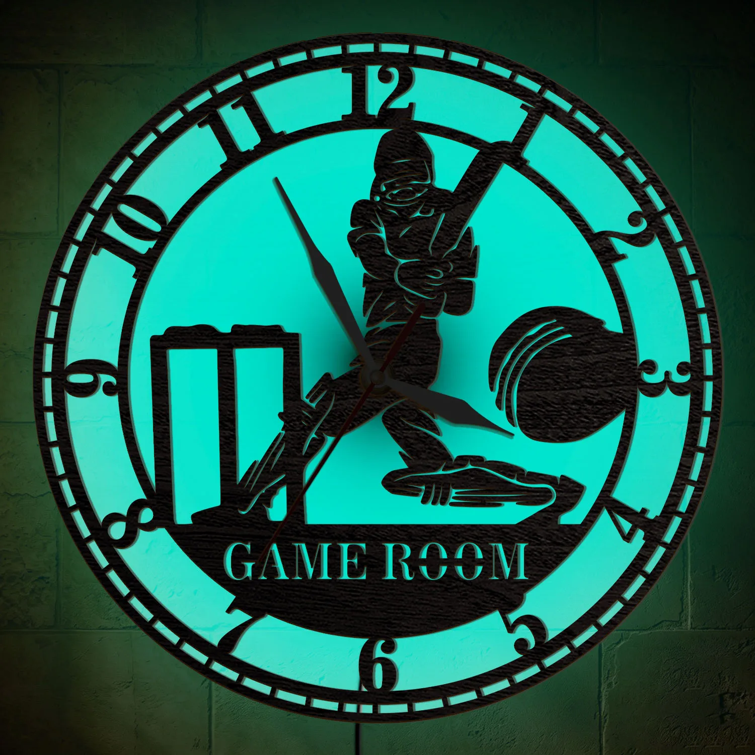 Cricket Player Personalized Name LED Light Sign Wooden Wall Clock Custom Batsman Batter Illuminated Wood Wall Clock Glow in Dark
