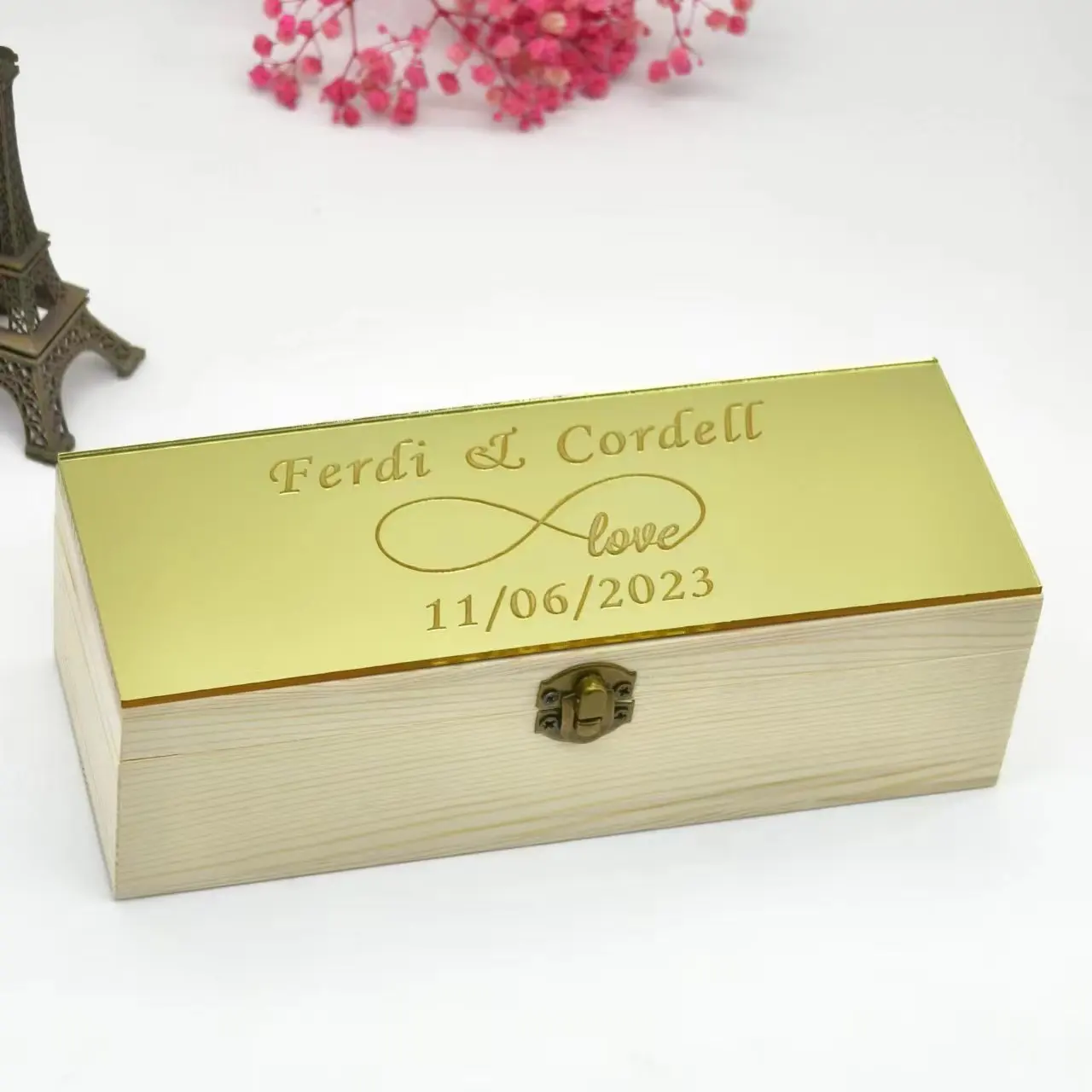 Personalized Wedding guest book with hearts,Custom name date Gold Acrylic Wooden Keepsake box,rustic engrave wedding guest book