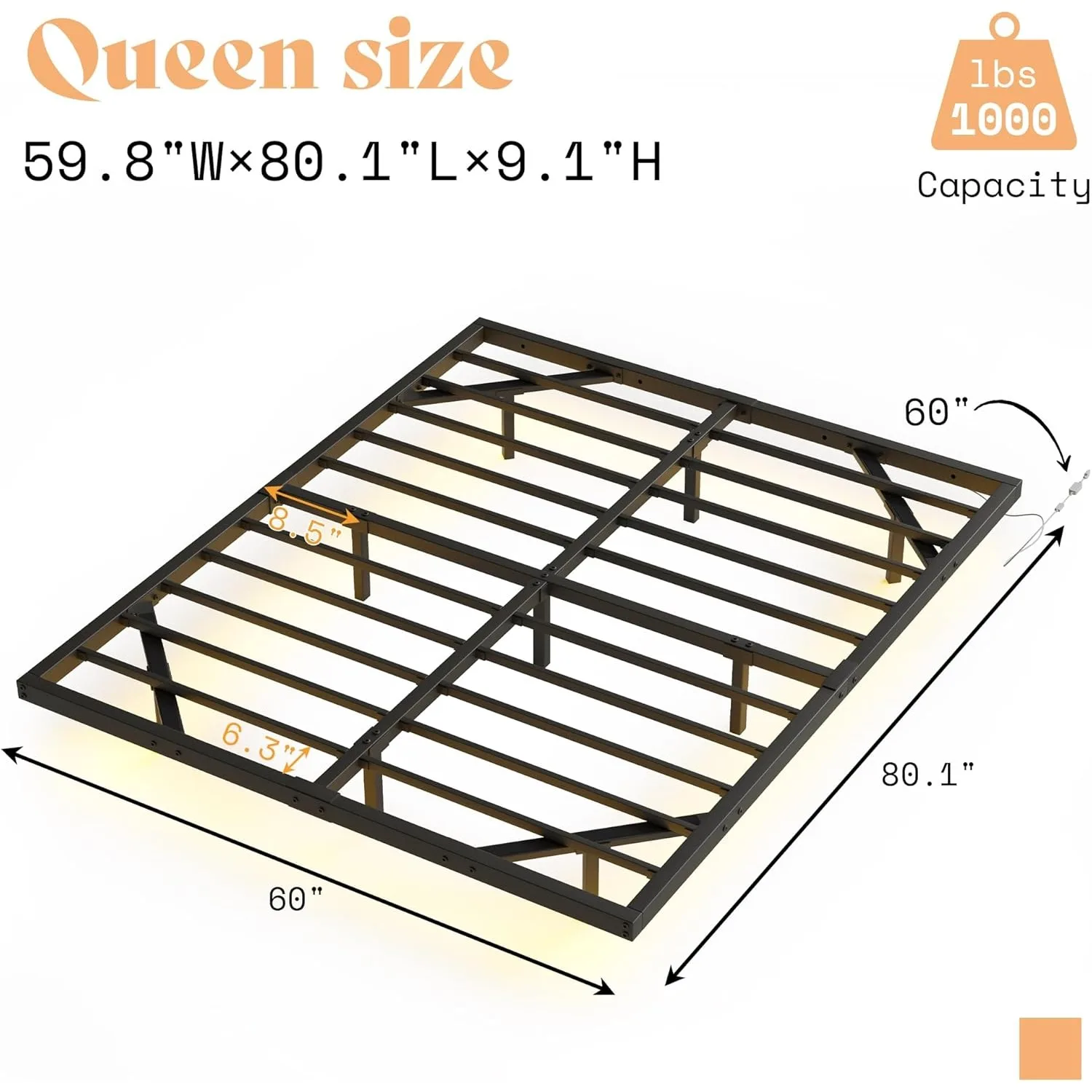 Estrutura de cama flutuante queen size, estrutura de cama queen com luz LED, cama de plataforma de metal resistente, sem necessidade de molas/sem ruído