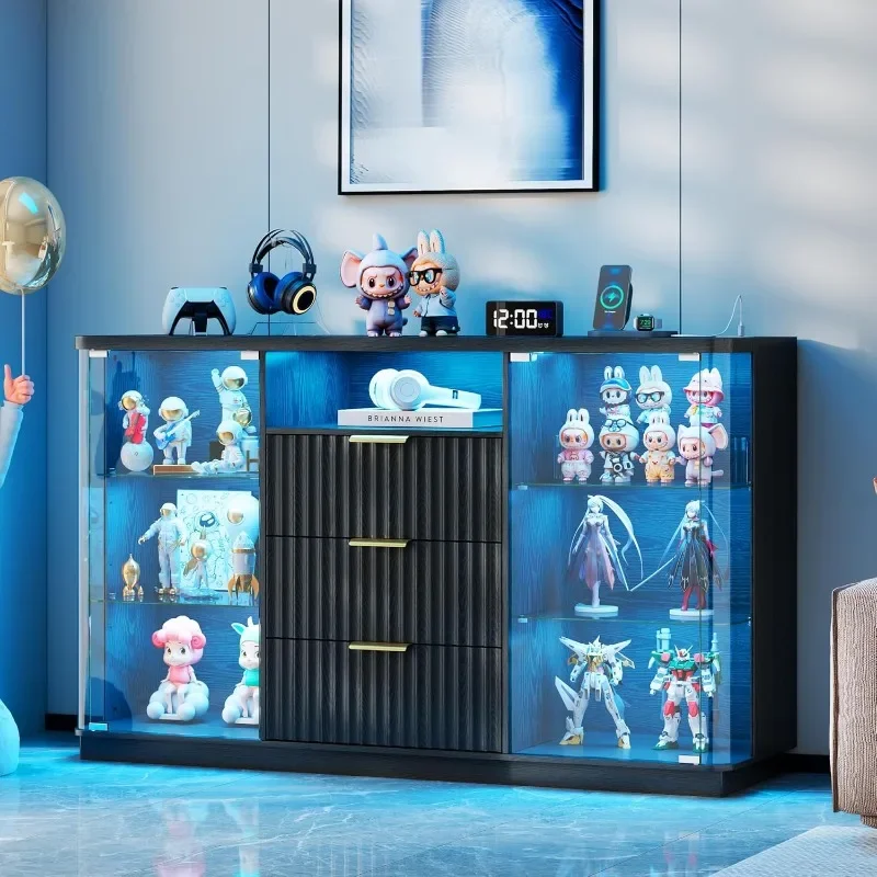 Lvifur Display Cabinet with 3 LED Light, Sideboard Buffet with Human Body Sensor & 3 Drawer& Glass Shelves for Toys, Books