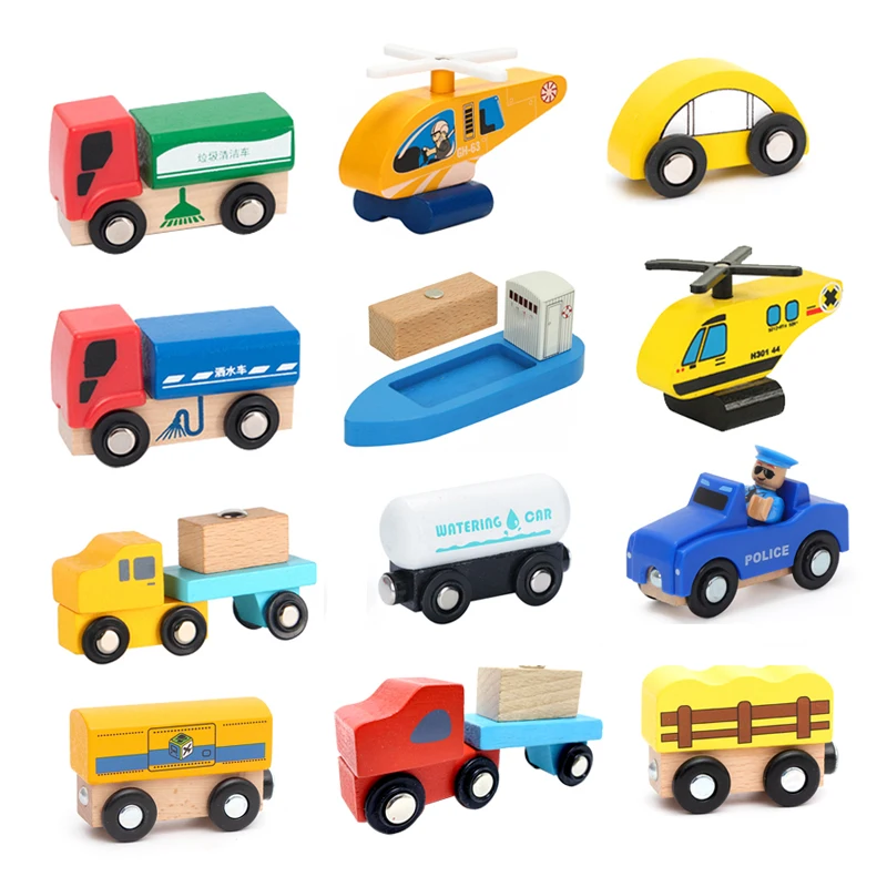 Wood Rail Train Fire Engine Ambulance Aircraft Magnetic Toy Track Simulation Inertial Scooter Children\'s Educational Toys W09