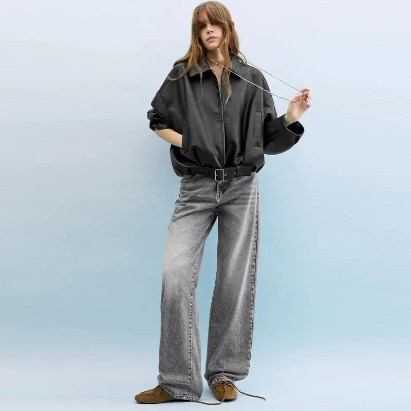 Moda feminina lapela jaqueta de couro do plutônio solto manga cheia zíper cinto rendas até casacos 2025 outono senhora casual streetwear