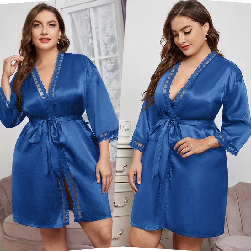 Plus Size 5Xl Wedding Bathrobe Gown Women Satin Robe Long Sleeve Kimono Sexy Lace Trim Nightgown Home Dress Loose Sleepwear