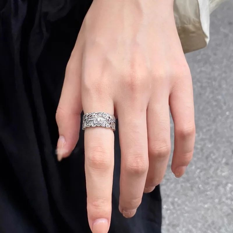 الرجعية القديمة الفضة لوتس حلقة مفتوحة المرأة خمر خمر الأزياء الخفيفة الفاخرة الراقية حلقة قابل للتعديل