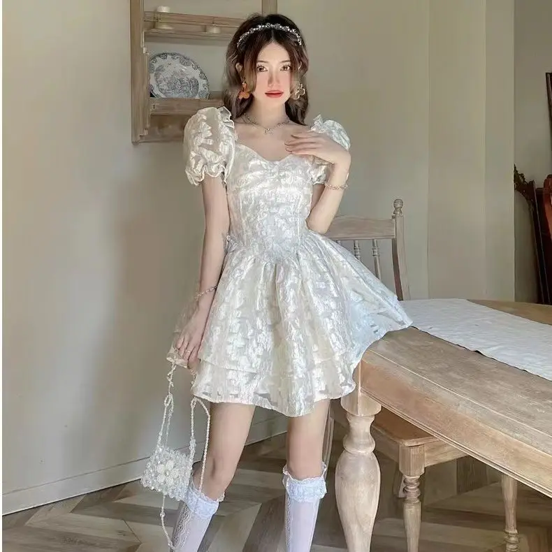 Abito gonfio stile delicato con maniche a palloncino di fascia alta vintage francese da donna estivo Abito da vento morbido con gonna da principessa nuova
