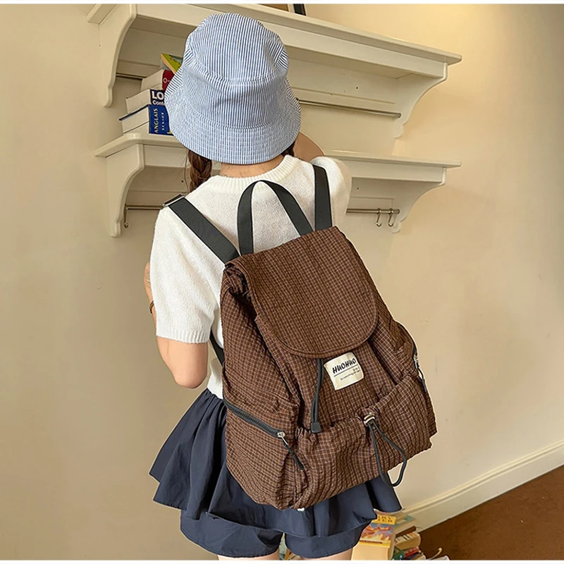 Modischer Rucksack, koreanischer Karo-Rucksack mit Kordelzug für Studenten, Unisex-Schultasche, leichter Damenrucksack mit großer Kapazität – Detail 9