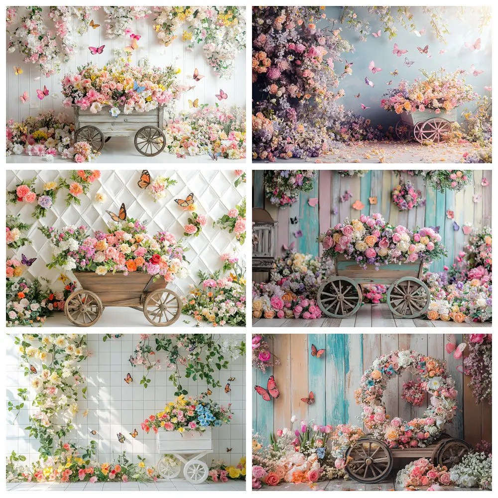 

Spring Flowers Background For Photography Floral Butterfly Vintage Float Newborn Baby Birthday Party Backdrop Photo Studio Props