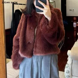 Winter Brown red Turn down Collar Lapel Hairy Shaggy Soft Faux Fur Coat Women Full Sleeve Furry Warm Jacket Short Outerwear