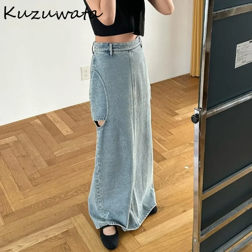 Kuzuwata Vintage High Waist A-line Casual Skirt Slim Fit Mid-length Elegant Cowboy Faldas Japan New Fake Two Pieces Mujer Faldas