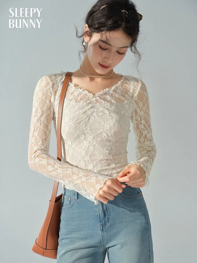 

Elegant Lace Mesh Knit Top Slim Fit Hollow Out Long Sleeve Blouse Autumn Layered Sheer Pullover Shirt for Women Casual Outfits