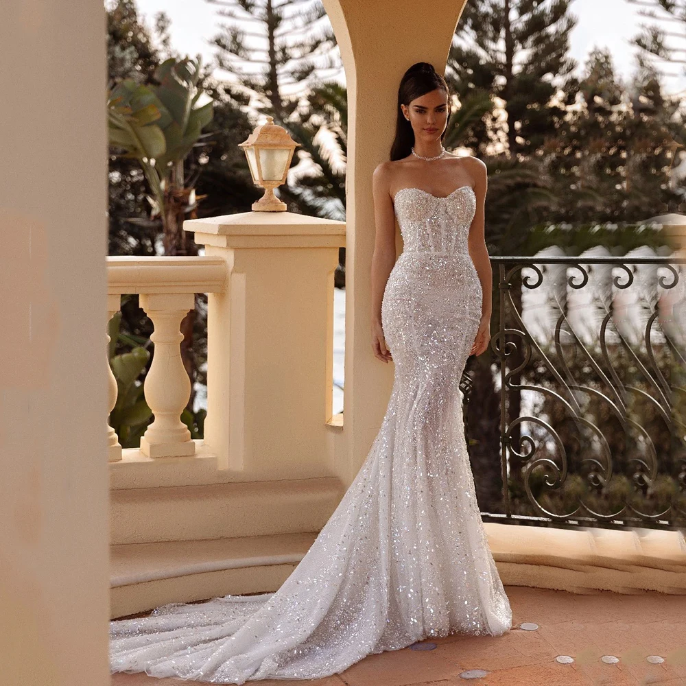 

Luvury Sequined Wedding Dress Strapless Mermaid Corset Beach Bridal Dresses Wedding Party Gown vestidos de novia Customized