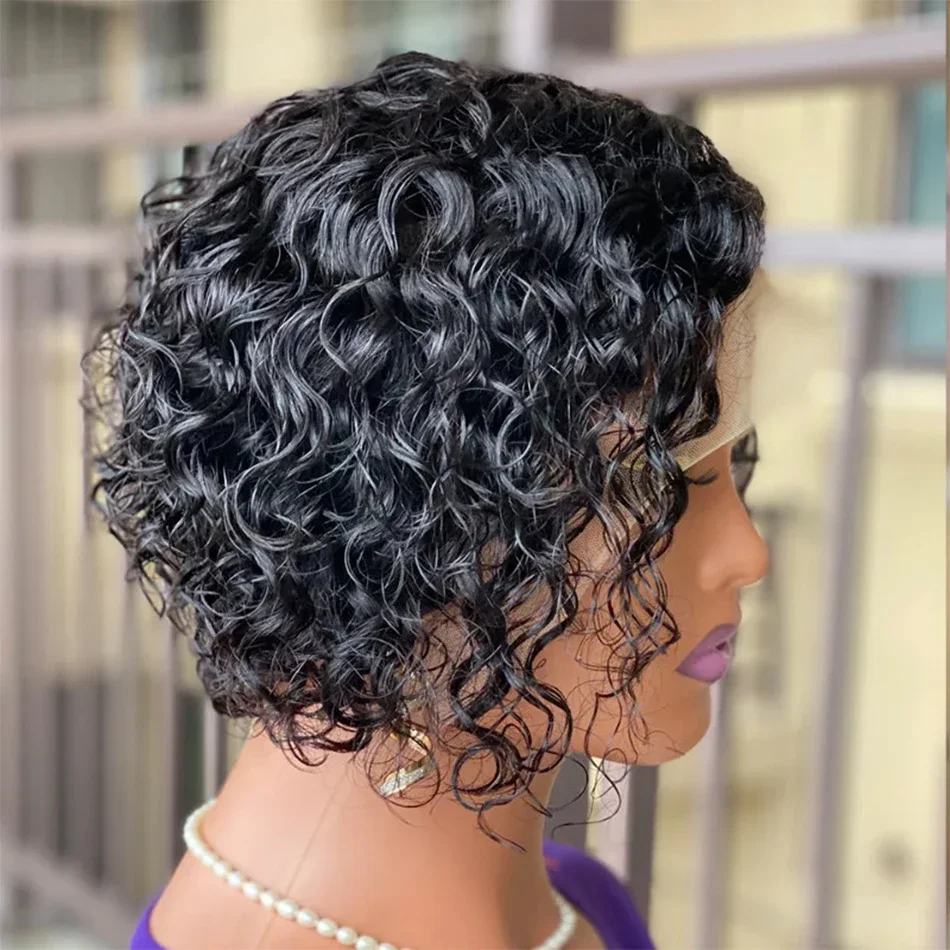 Cabello birmano de 6 pulgadas, corto, rizado, corte Pixie, pelucas de cabello humano 100%, peluca de encaje transparente 13x4x1, Color Natural para mujeres negras