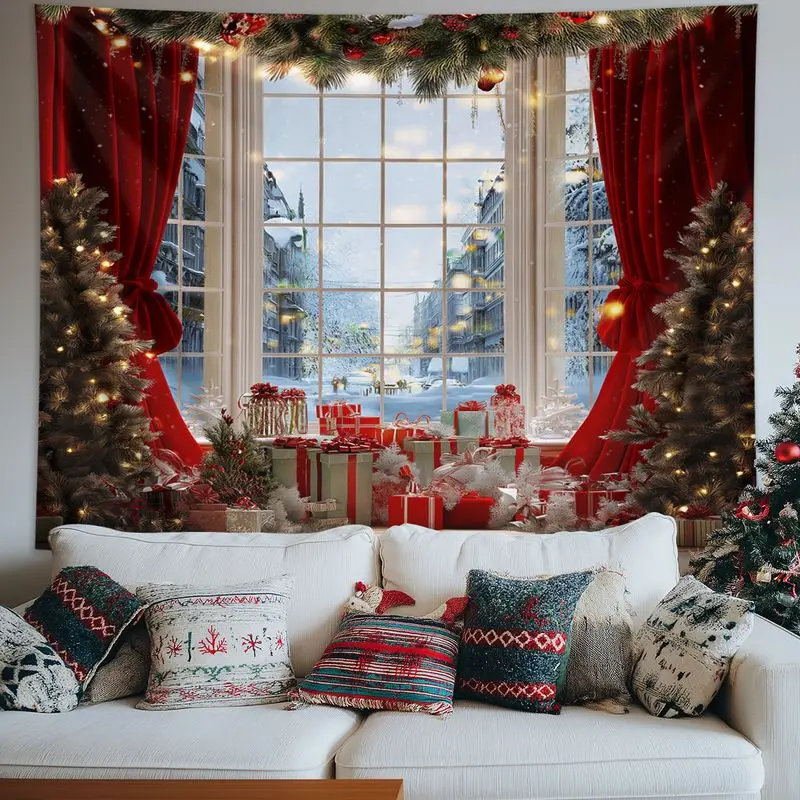 VIKAMA Red Curtain Snow Scene Christmas Tapestry, Elegant Wall Hanging Background Cloth for Dramatic Living Room Decor