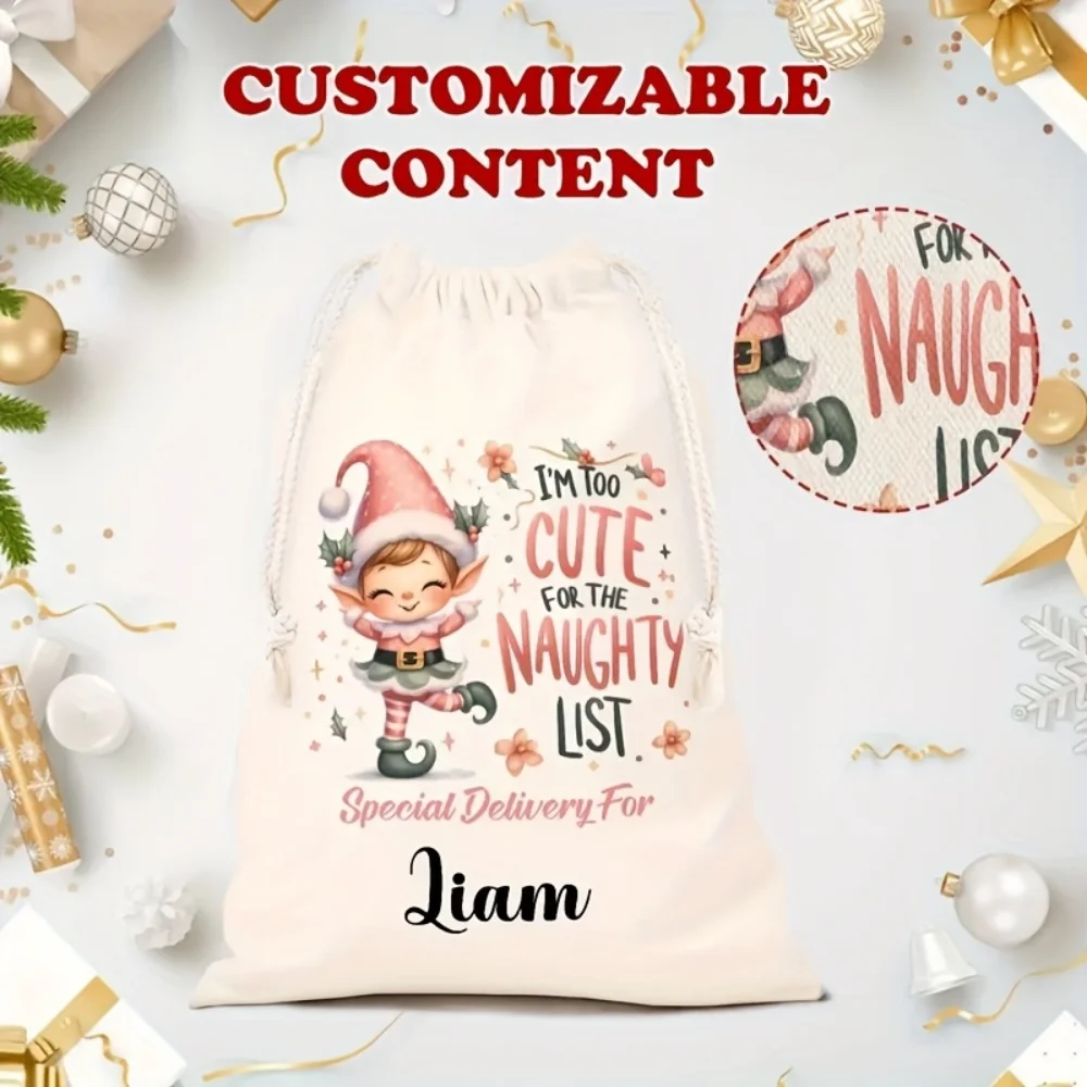 1Pc Custom Name/Text Elf And Snowflake Design Christmas Imitation Hemp Gift Bag Drawstring Closure Storage Bag, Party Candy Bags