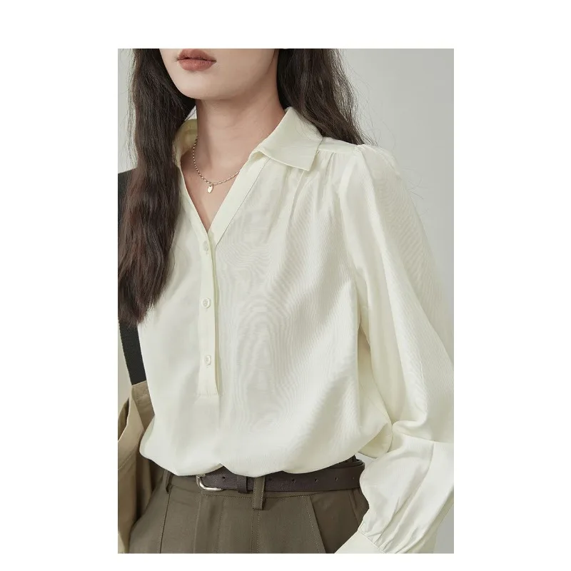 Camisa de cor sólida feminina primavera e verão design casual pulôver solto com decote em v top de manga comprida