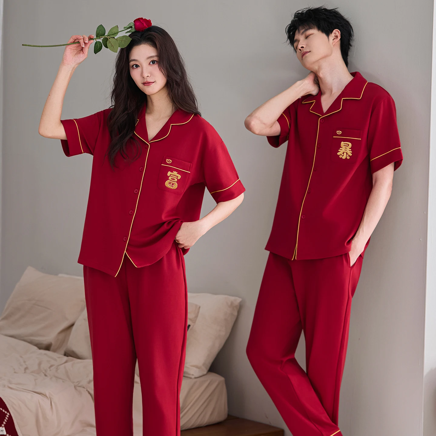 

Pajamas For Couples Summer Festive Red Comfortable Lady's Short Sleeve Full Pure Cotton Leisure Home Clothes and Nightwear Suit