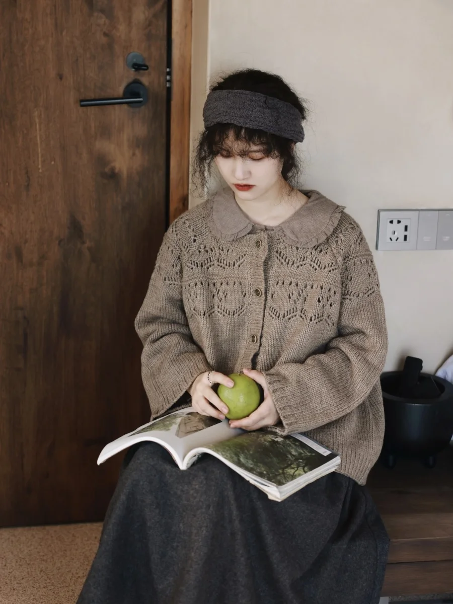 Japanese Style Women's Autumn Winter Sweater Hollow out Soft Cardigan Cute Artistic Retro Thick Line Lazy Style Top
