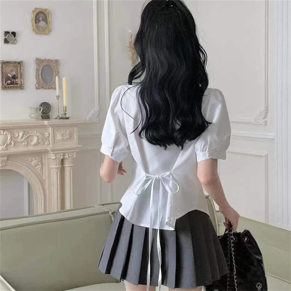 Korean Fashion 2023 New Spring/Summer Sexy Girl Short Sleeve Preppy Style Slim JK Bandage Shirt Women\'s Bow Tie Neck Blouse Top