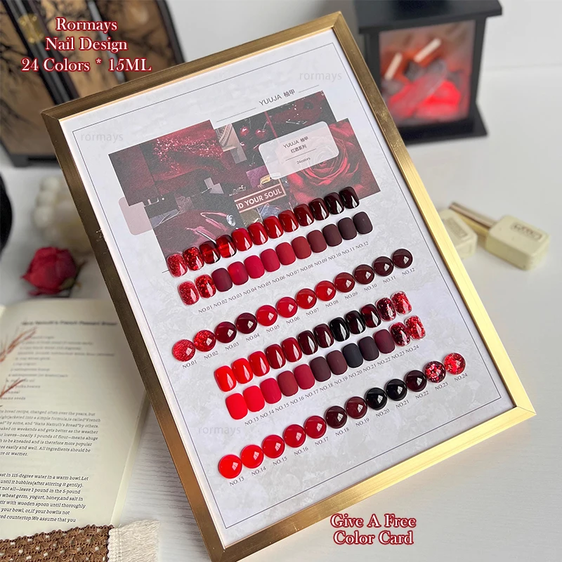 Rormays rose red gel polishing 24PCS mixed semi permanent varnish red collection wine red shiny ultraviolet primer nail glue