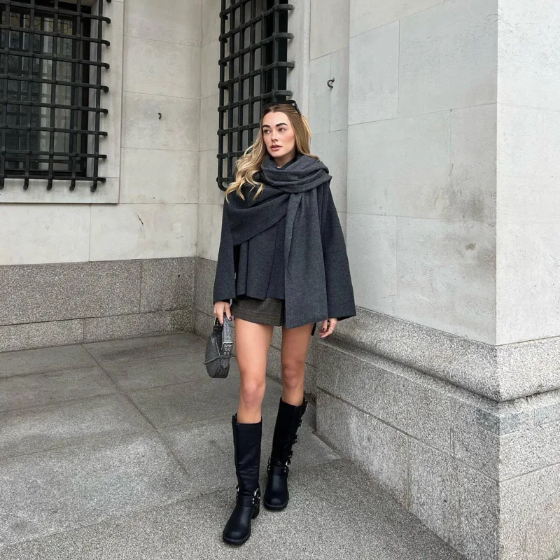 Elegant Lady Cape Solid Long Sleeve Coats Fashion Irregular With Scarf Warm Women Jacket 2024 Autumn Winter New Commuting Coat