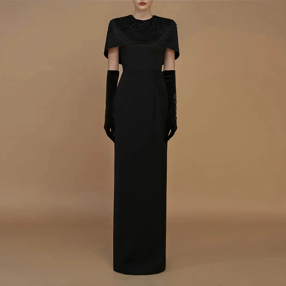 

Beaded Long Evening Dresses for Women Elegant Cap Sleeves Prom Dress for Evening Party Black Floor Length Cocktail Gowns