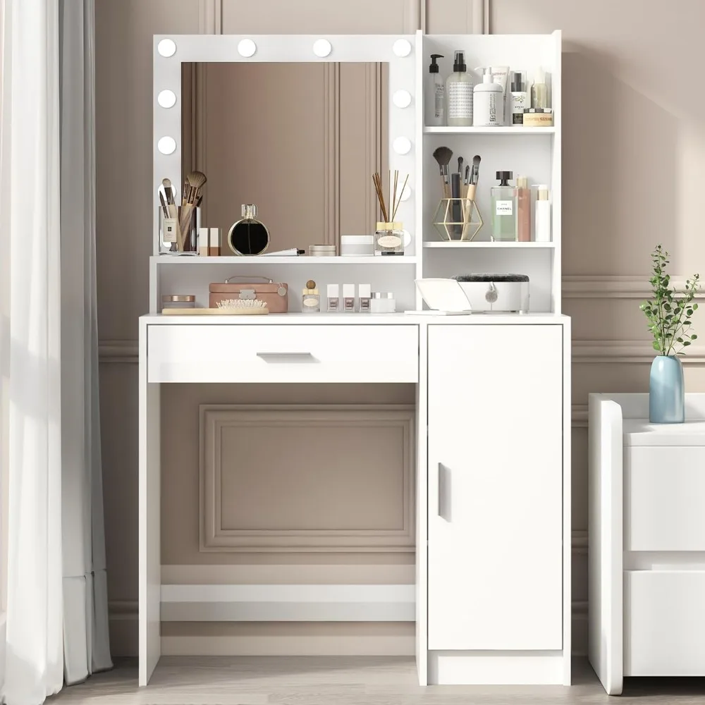 

Vanity Desk with Mirror and Light, Large Drawer and Three Level Storage Dresser, 3 Lighting Modes Adjustable Brightness, Bedroom