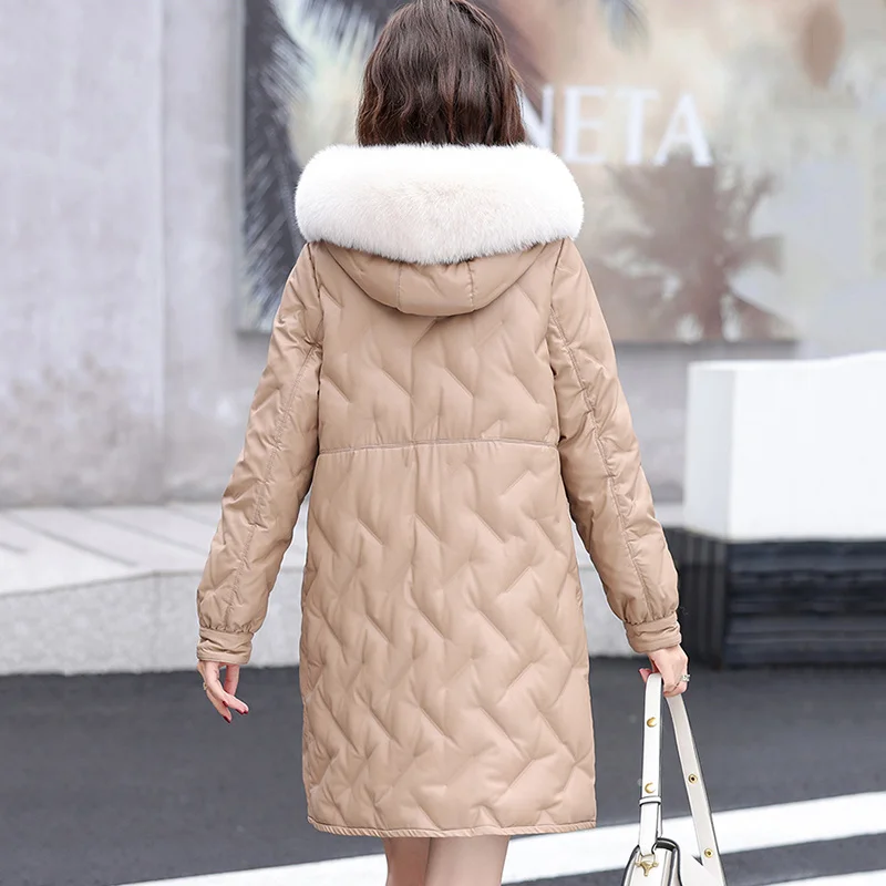 Women Leather Down New Coat Autumn Winter 2023 Fashion Hooded Fox Fur Collar Embossing Loose Thick Warm Sheepskin Down Jacket