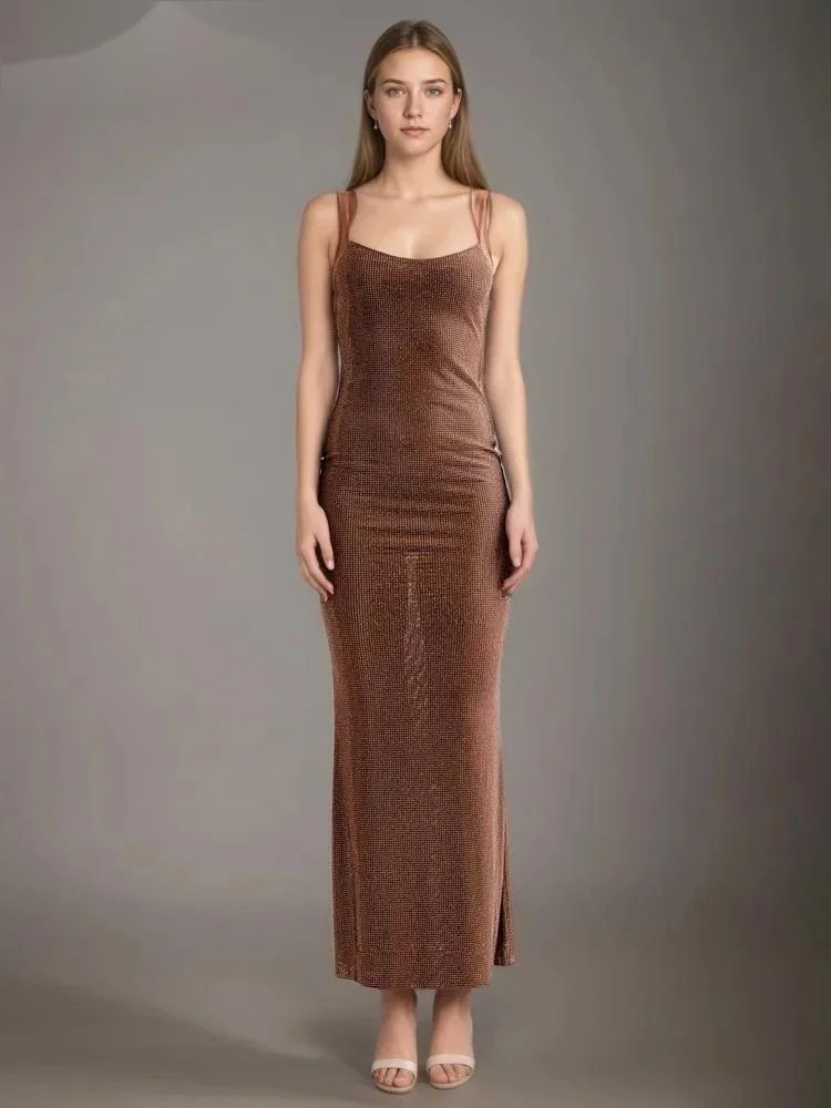 

Fashion Brown Spaghetti Strap Party Ruffle Dress Elegant Women's Slim Fit Backless High Wait Ankle-length Dresse YNQO