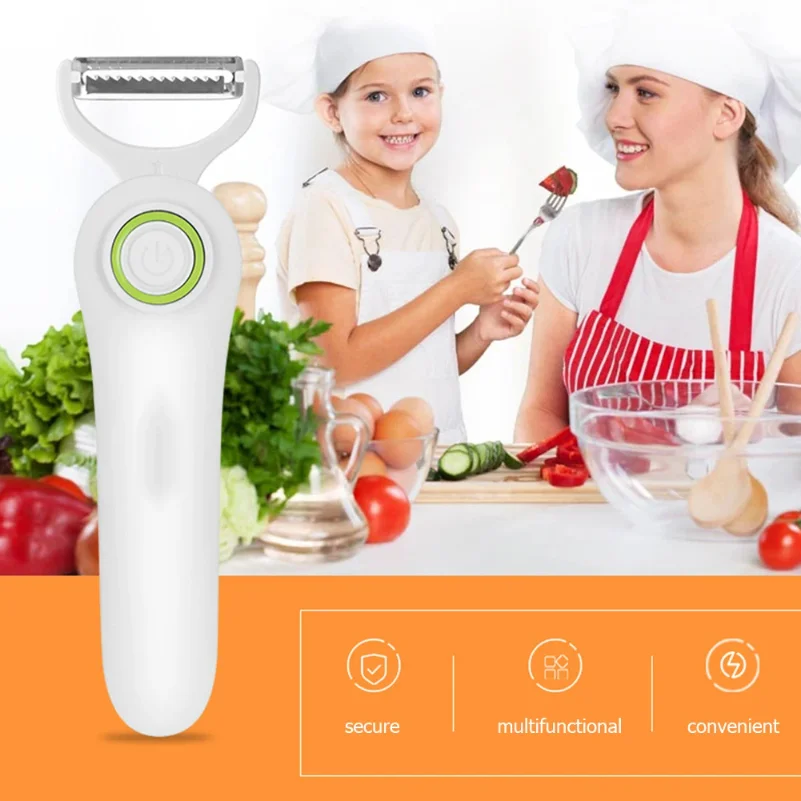 Mini Electric Peeler with 3 Cutter Heads Vegetable Cutter Peeler USB Rechargeable Safety Lightweight for Sweet Potatoes Tomatoes