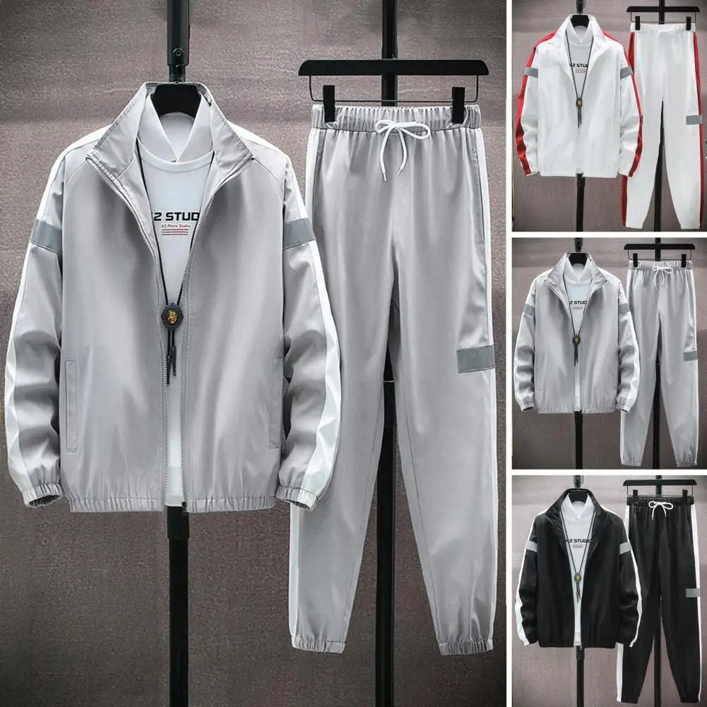 Sportswear Set with Lapel Zipper Men's Patchwork Color Sportswear Set Stand Collar Street-sporty Jacket Sweatpants for Active