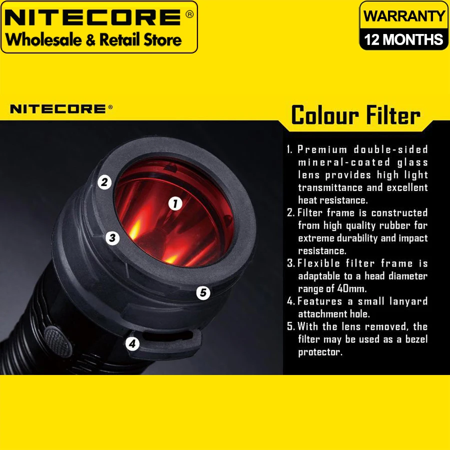 Filtro Nitecore 40mm NFR40 NFB40 NFG40 NFD40 adequado para lanterna com cabeça de 40mm