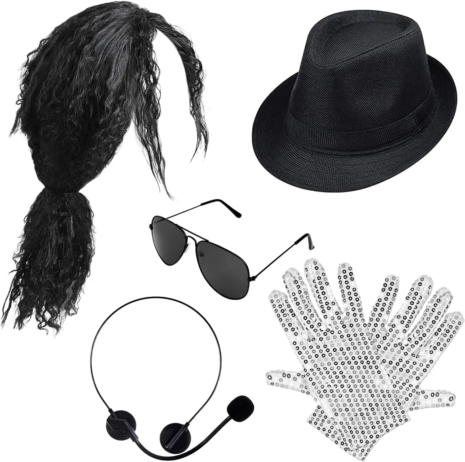 80s Pop Rockstar Dance Costume Accessories,Balck Curly Wig Sequins Gloves Sunglasses MJ Performance Costume Kit