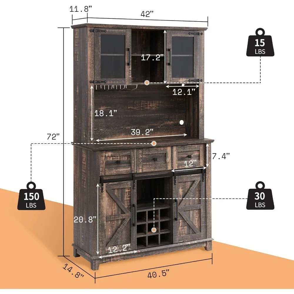 Amerlife ตู้บาร์กาแฟมีประตูแผ่นเลื่อนประตู, 72 ''บ้านไร่ครัว sideboard, โต๊ะเก็บบุฟเฟ่ต์, ชั้นวางแก้วไวน์,