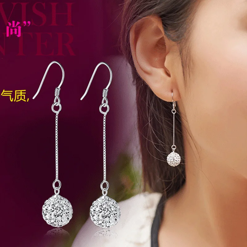 S925 Sterling Silver Long Tassel Princess Ball Earrings Featuring Brilliant Crystal Diamond for Glamorous Daily and Party Looks
