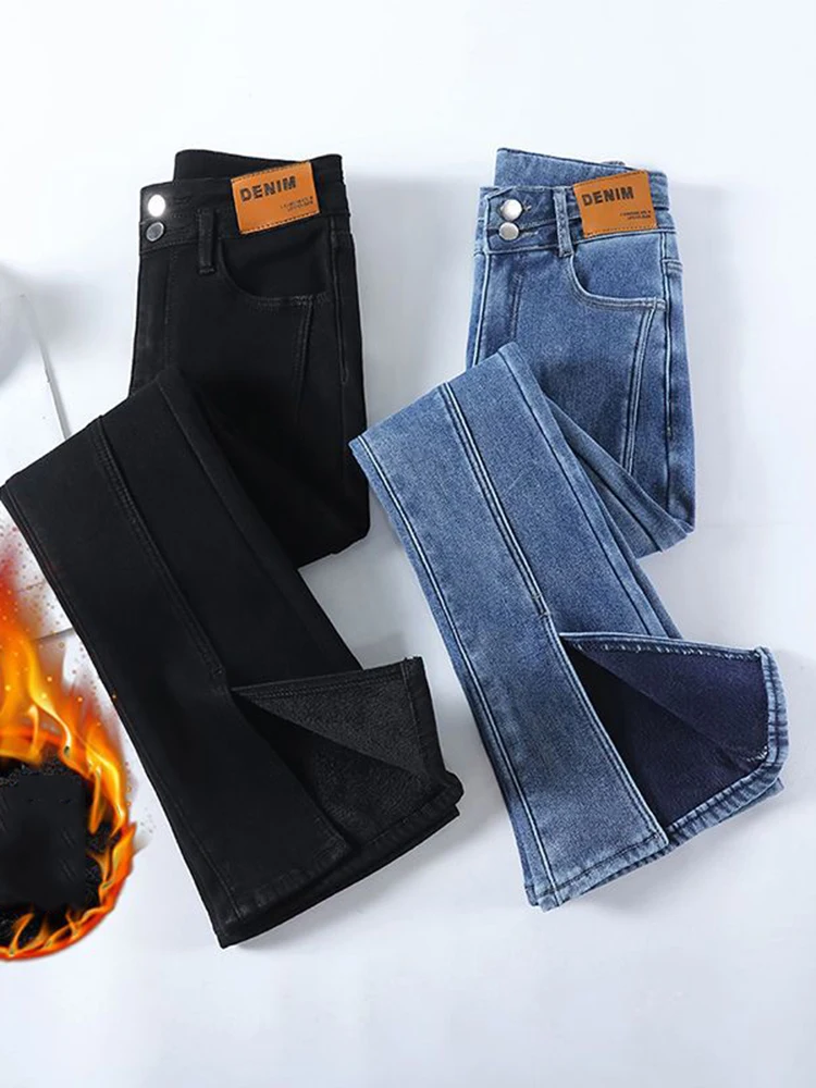 Thicken Button Skinny Denim Pants Winter Plus Velvet Lined Split Flare Jeans High Waist Warm Vaqueros Korean Casual Pantalones