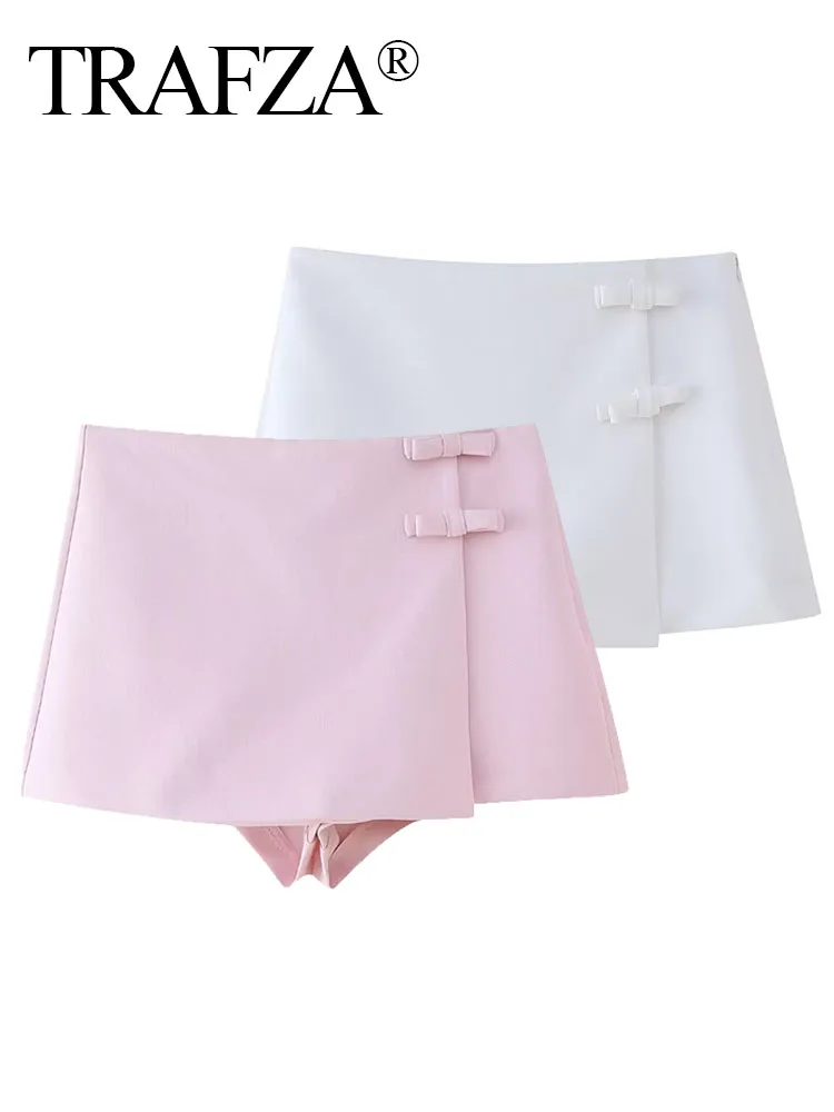 TRAFZA 2024 Female Skirt Solid Bow Decorate High Waist Slim Zipper Fly Short Skirts High Street Wild Woman Mini Skirt Trendy