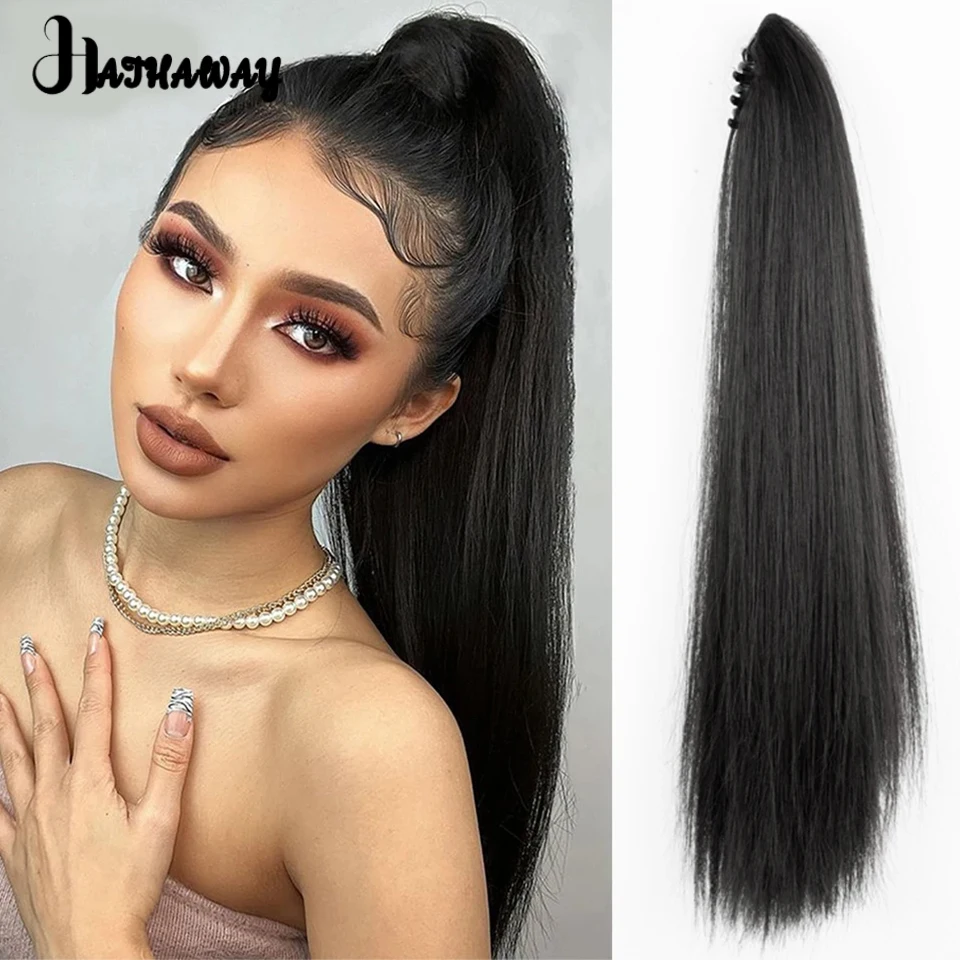 20 Inch Ponytail Female Synthetic Grasping Clip Black Long Straight Hair Natural Fluffy Increase Hair High Ponytail Wig Braid