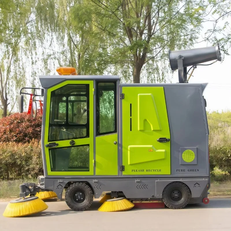 enclosed cabin ride‑on road sweeper electric vacuum cleaning vehicle fog cannon dust suppression for park pavement maintenance