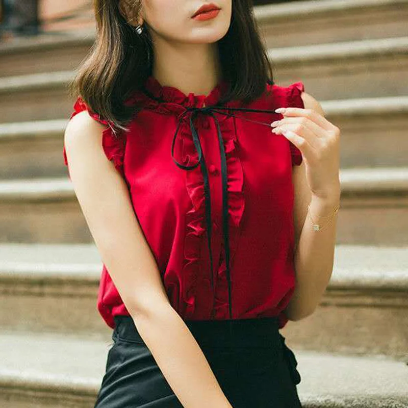 Elegant Solid Color Loose Lace Up Bow Ruffles Chiffon Shirt Female Clothing 2023 Summer New Casual Tops Sleeveless Sweet Blouse