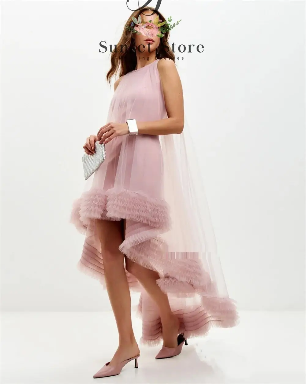 Customized Fashion Net Pleat A-line O-Neck Midi Evening Dresses Luxury Celebrity Chinese Style Simple