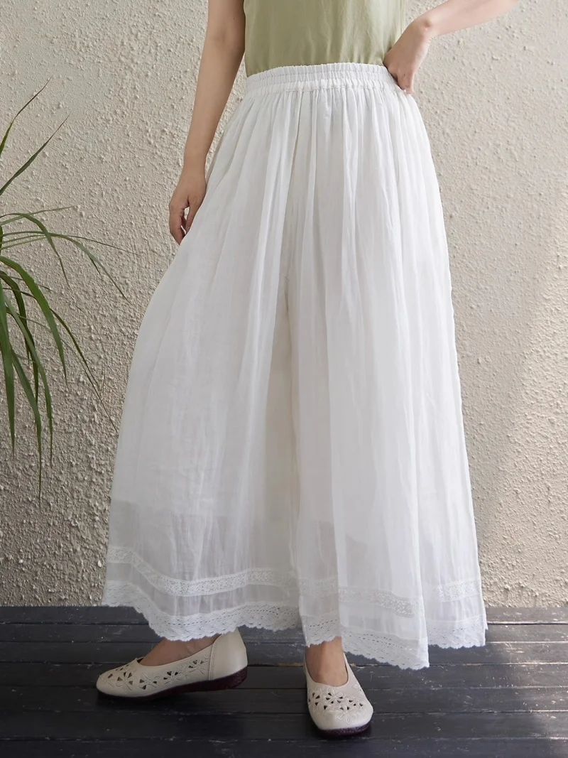 

Японские кружевные повседневные брюки для женщин, лето 2022, универсальные широкие брюки Ramie в стиле ретро с эластичной резинкой на талии W020