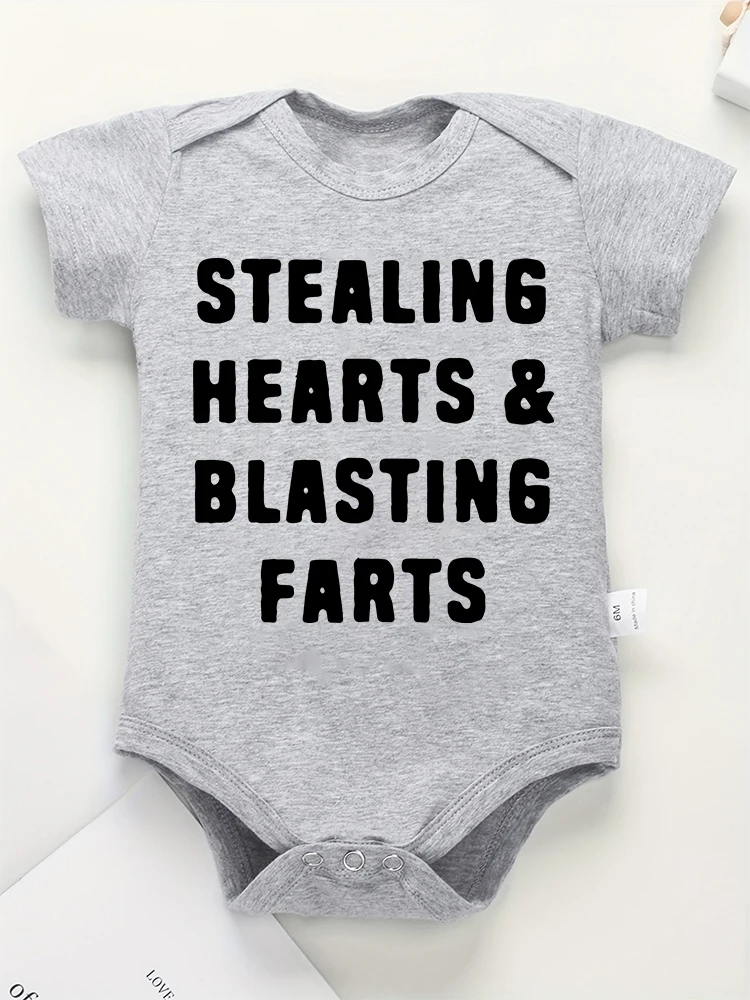 Creative New Baby Girl Boy Cotton Onesie Stealing Hearts and Blasting Farts Letter Print Funny Infant Clothes Comfy Breathable