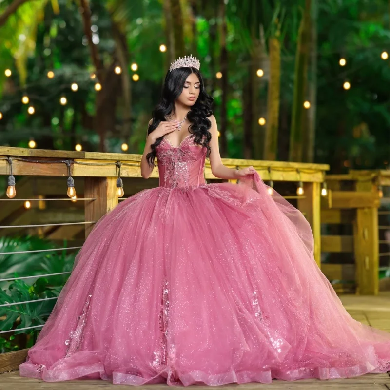 

Shiny Pink Quinceanera Dresses Off the Shoulder Sequins Lace Decal Long tail Vestidoe 15 Quinceanera Customize