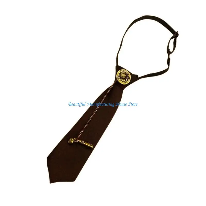 E56A Japanese Vintage Necktie with Metal Bear Pin Chain Student Uniform Adjustable Pre Tied Neck Tie Shirt Collar Neckwear