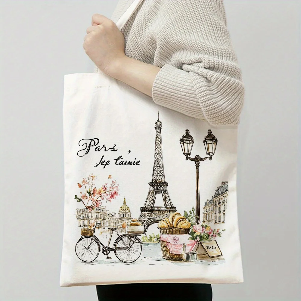 1 Piece of Fashionable Parisian Street Style Canvas Shoulder Bag with Eiffel Tower, Pastry, and Floral Designs image 6