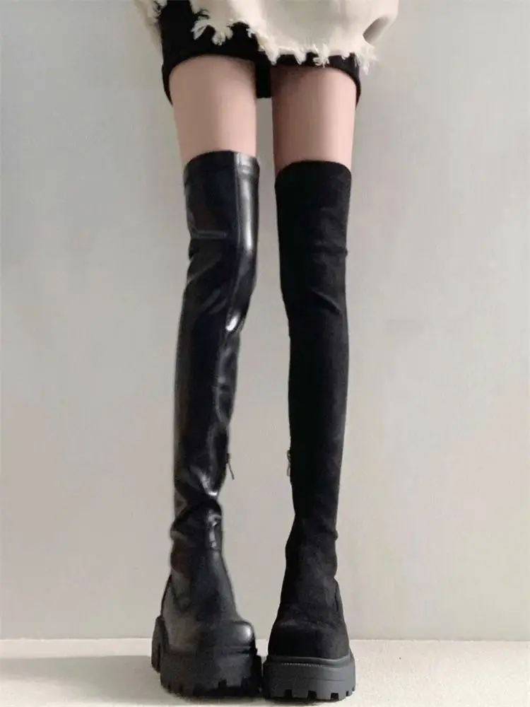 

Black Gothic Over The Knee High Boots Women Spring Autumn Thick Sole Square Toe Stretchy Slimming Leg Lengthening Boots