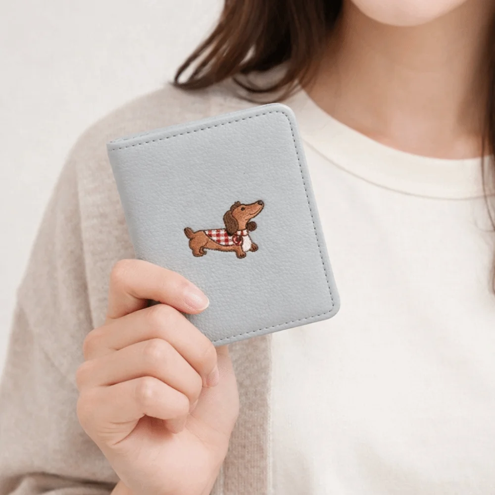 Solid Color Embroidery Dachshund Dog Wallet Multiple Card Mini Leather Card Holder Thin PU Leather Sausage Dog Organ Card Bag