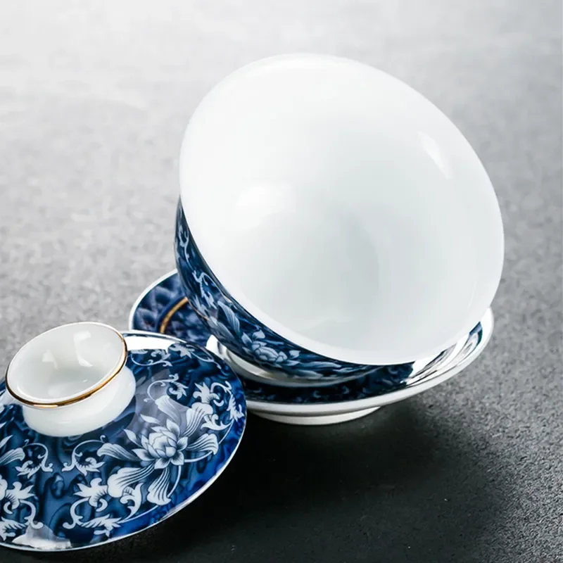 Jingdezhen azul e branco porcelana chá tureen tigela cerâmica artesanal viagem portátil gaiwan casa conjunto de chá drinkware 160ml