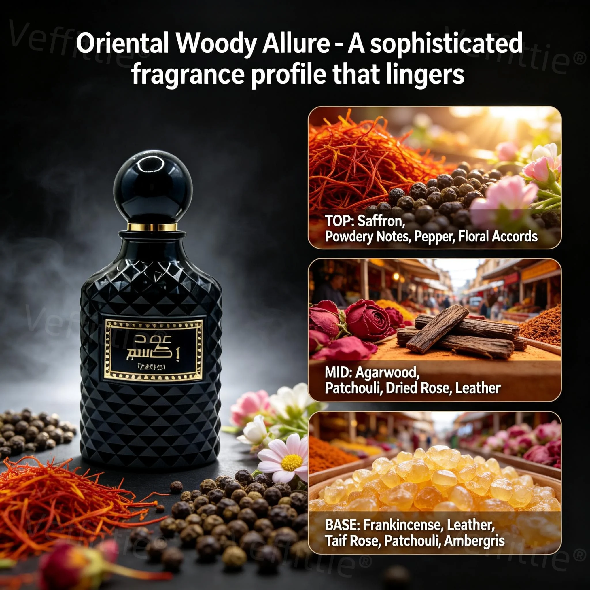 Profumo orientale speziato Executive, note di testa di zafferano e pepe rosa, note di cuore di agarwood e rosa secca, fragranza fresca che dura tutto il giorno per giornate lavorative impeccabili._voghion.com